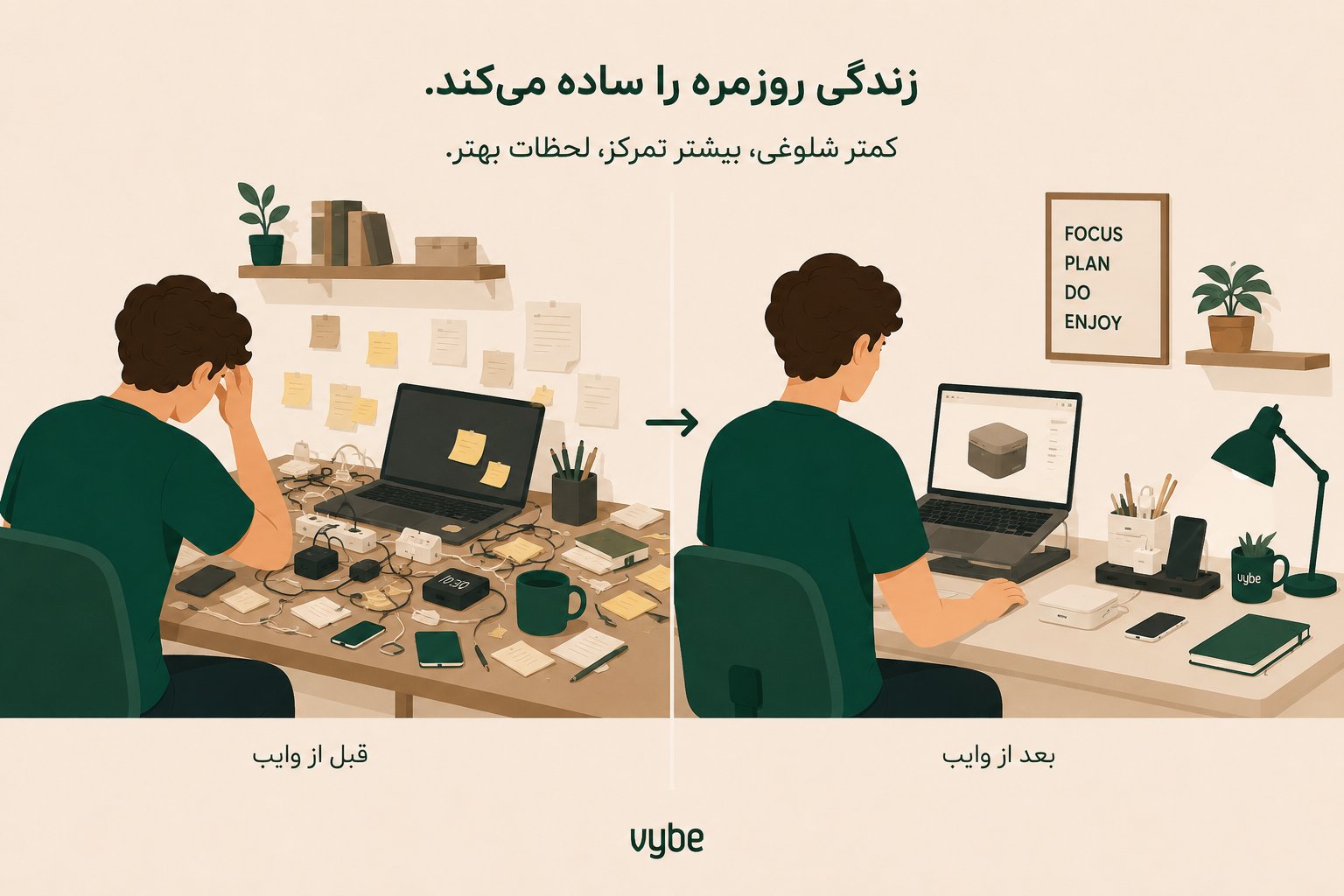 تصویر تصویرسازی‌شده میز کار — قبل و بعد از VYBE، شلوغی کمتر و تمرکز بیشتر